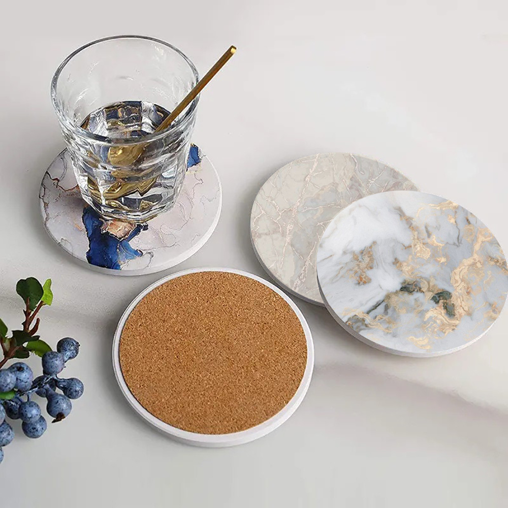 Marble Coaster Set - Weißer Marmor-Untersetzer, saugfähige Keramik-Untersetzer mit Korkbasis,
