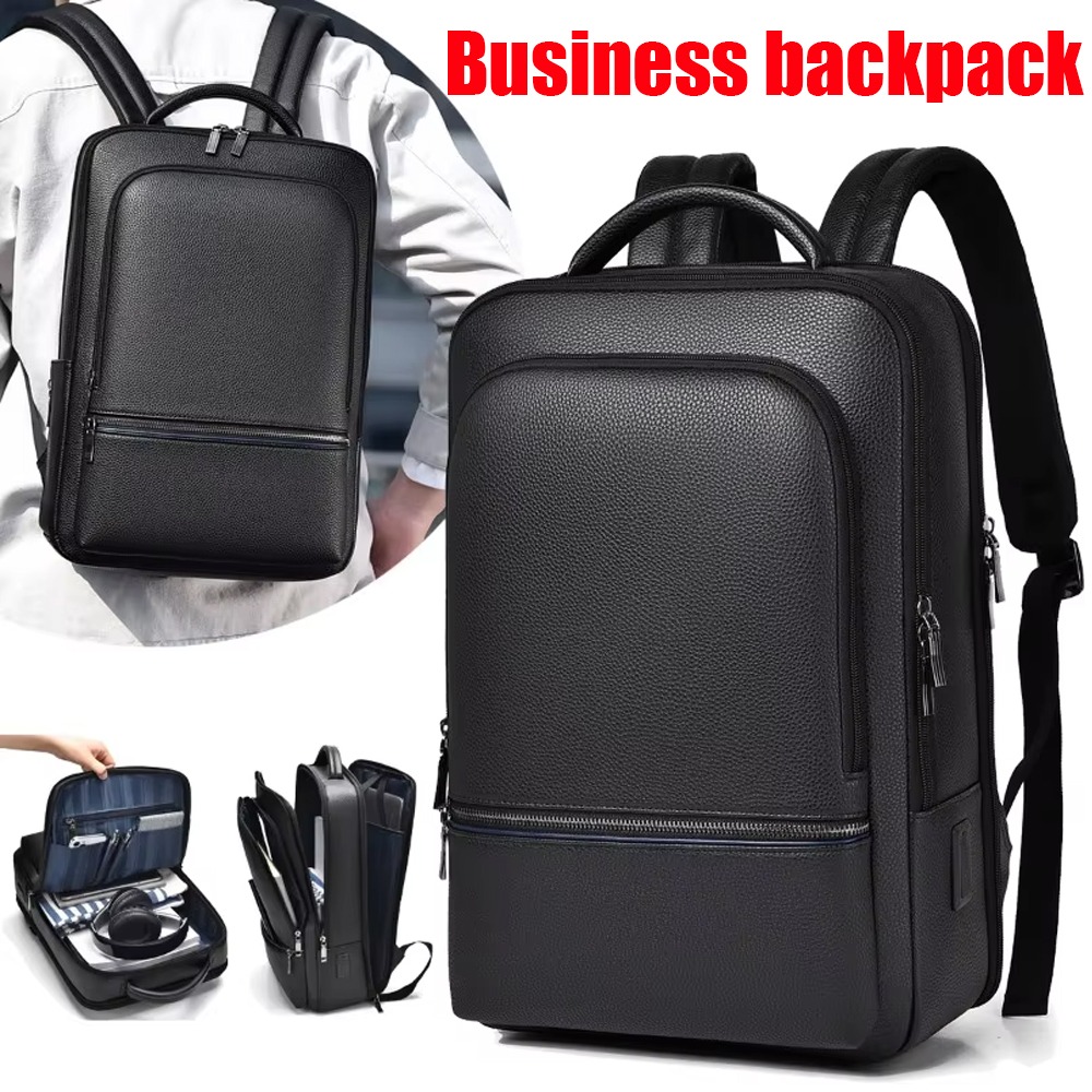 Leather Briefcase - PU Leder Herren Rucksack USB Lade